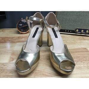 French Connection Women's 9 Gold Ankle Strap Platform Peep Toe High Heel Pumps